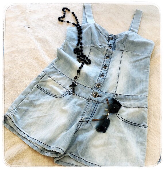 vintage denim romper / button up romper / blue jea