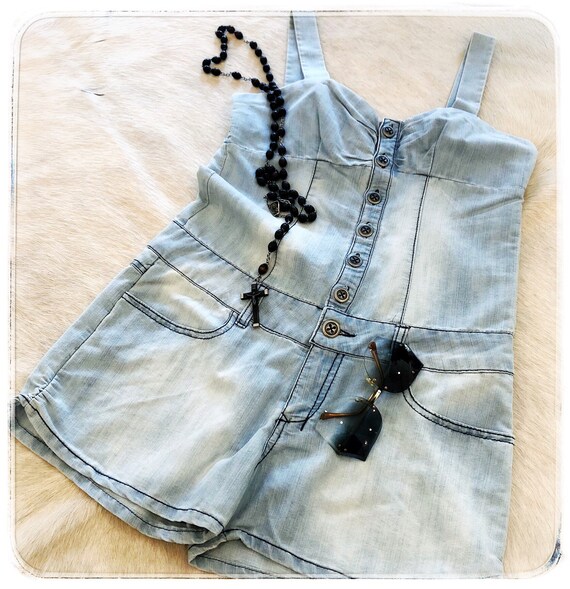 womens faded denim romper, vintage playsuit with … - image 2