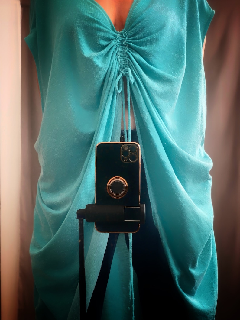 free people terry cloth top beach cover up, vtg turquoise drawstring lounge wear image 10