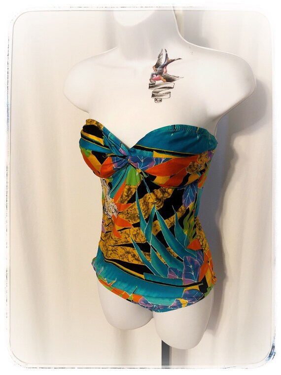 80s halter swimsuit, floral print one piece suit,