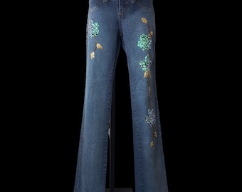 80s embellished denim jeans brazilian bead + sequin floral womens size 3/4