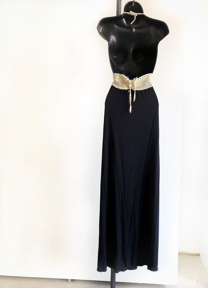 vintage crochet maxi dress boho halter dress black and ivory long dress