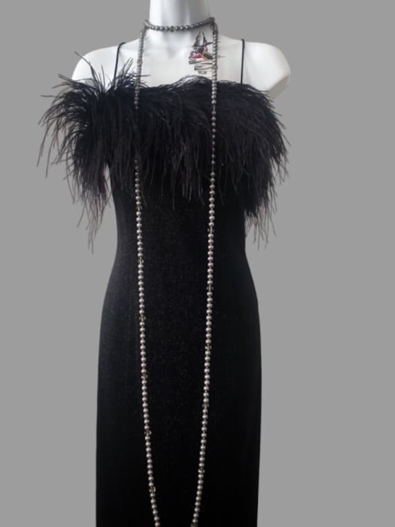 80s ostrich feather black velvet gown, long vinta… - image 1