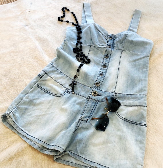 womens faded denim romper, vintage playsuit with … - image 6