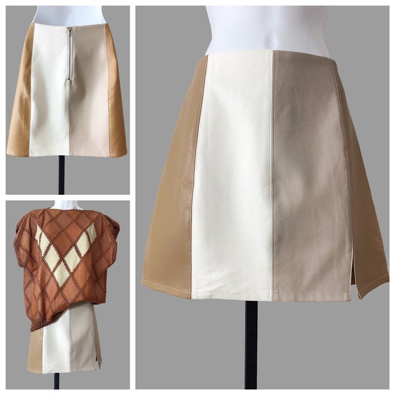 80s Faux Leather Mini Skirt Color Block Neutral Vintage Zipper Detail Size L Etsy UK