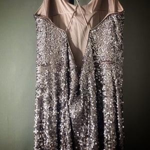 May include: A silver sequined dress with a low back and spaghetti straps.