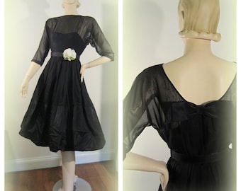 50s lbd cocktail dress, vintage barbie pouf skirt black chiffon and taffeta dress