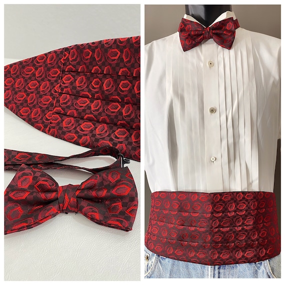 Holiday Red Geo Jacquard Bow Tie Cumberbund Set, Vintage Tux