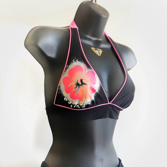 80s pink + black graphic floral bikini top, vinta… - image 2