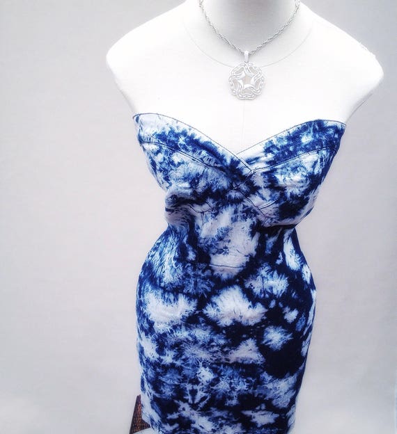80s Tie Dye Denim Stretch Strapless Short Dress