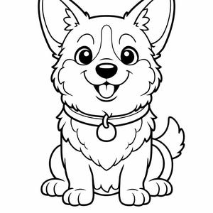 May include: A black and white cartoon illustration of a smiling Corgi dog. The dog is sitting with its tongue out, wearing a collar with a tag. The image is a simple line drawing.