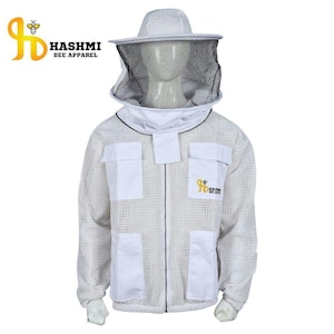 May include: White beekeeping suit with a mesh veil and hat. The suit has a zipper closure, multiple pockets, and the "HASHMI BEE APPAREL" logo. The suit is designed to protect the wearer from bee stings.