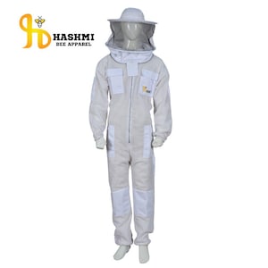 May include: A white beekeeping suit with a mesh veil hood, pockets, and reinforced knee patches. The suit has the "HASHMI BEE APPAREL" logo. The suit is designed to protect the wearer from bee stings.