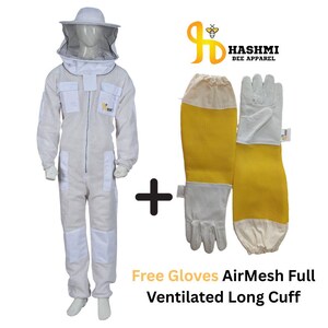May include: A white beekeeping suit with a mesh veil hood and a pair of yellow and white long-cuff ventilated gloves. The suit features multiple pockets and a front zipper. The logo for Hashmi Bee Apparel is visible above the text Free Gloves.