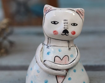 Cat Love - Ceramic Sculpture - Art Clay Figure - Clay Figure Sculpture - Standing Pottery Sculpture - Ready to Ship