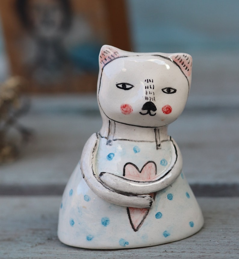 Cat Love Ceramic Sculpture Art Clay Figure Clay Figure Sculpture Standing Pottery Sculpture Ready to Ship image 1