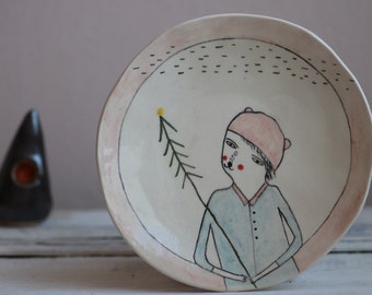 Winter - Kitchen Handmade - Ceramic Plate - Dining Clay Dish - Drawing Tale- Table Ware Art - Serving Pottery - Ready to Ship