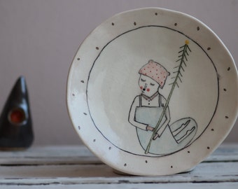 Forest Poetry - Kitchen Handmade - Ceramic Plate - Dining Clay Dish - Drawing - Table Ware Art - Serving Pottery - Ready to Ship