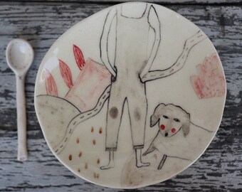 Walk with Me - Kitchen Handmade Ceramic Plate - Dining Clay Dish - Drawing - Table Ware Art - Serving Pottery- Ready to Ship