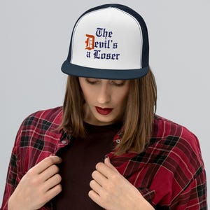 Christian Trucker Hat - The Devil’s a Loser Gothic Orange D Hat - Faith Streetwear Snapback - Adjustable Mesh Cap - Christian Gift