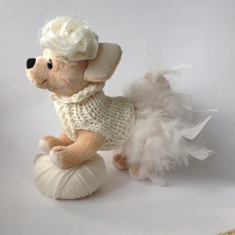 Wedding Party Chihuahua dress with feathers, Elegant Chihuahua sweater, Luxury dress for chihuahua, Yorkie, Small dogs fashion, gift for dog image 4