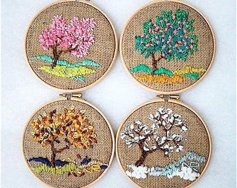 Four seasons Hoop art, handmade Embroidery hoop art, Tapestry hoop art, Textiles hoop art, Home decor trees hoop art, Gift for new home