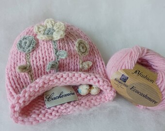 Knit newborn hat in eco cashmere with flowers, Pink girl hat photo prop, baby hat in eco cashmere, beanie hospital hat, Gift for baby shower