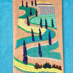 OOAK Wall Hanging Green Tuscany road, Tapestry handmade embroidery, Fiber wall hangings Art, Landscape Modern art, Wall decor, Gift new home image 1