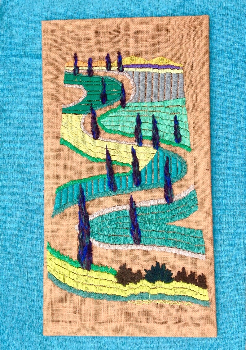 OOAK Wall Hanging Green Tuscany road, Tapestry handmade embroidery, Fiber wall hangings Art, Landscape Modern art, Wall decor, Gift new home image 1