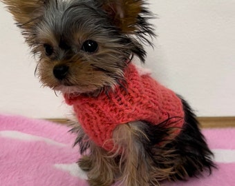 Knit chihuahua sweater with heart, Sweater for small dogs in Mohair coral, Teacup dog or yorkie coat,  Jumper for dog Gift for pets lover