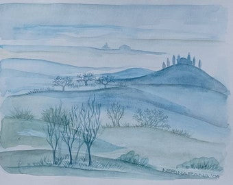 Original Watercolor Blue Tuscany Hills by nerina52, Watercolor Landscape paintings, Wall Decor, Painting Watercolor, Gift for new home