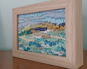 OOAK tapestry handmade embroidery with frame, landscape sea wall decor, Hand embroidery turquoise sea, Gift for new home, Modern fiber art