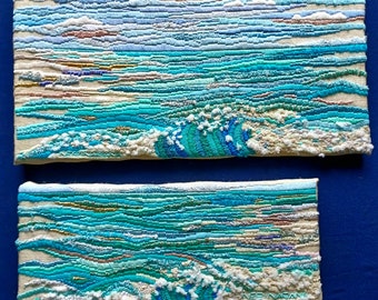 OOAK Handmade tapestry embroidery sea, fiber art home decor, blue textile wall art, handmade embroidery modern art, home wall decor gift