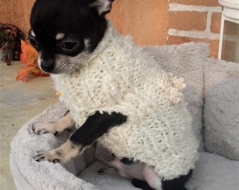 White knit chihuahua sweater, Small dog clothes, Gift for pets, dogs coat, dogs clothing fashion, Bouclé white milk puppy chihuahua sweater