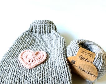 Handmade by me Knit Eco Cashmere Dog Sweater, Crochet Pink Heart Applique