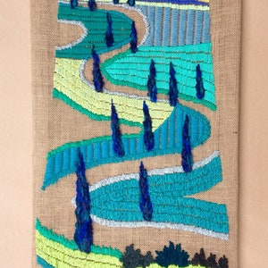 OOAK Wall Hanging Green Tuscany road, Tapestry handmade embroidery, Fiber wall hangings Art, Landscape Modern art, Wall decor, Gift new home image 9