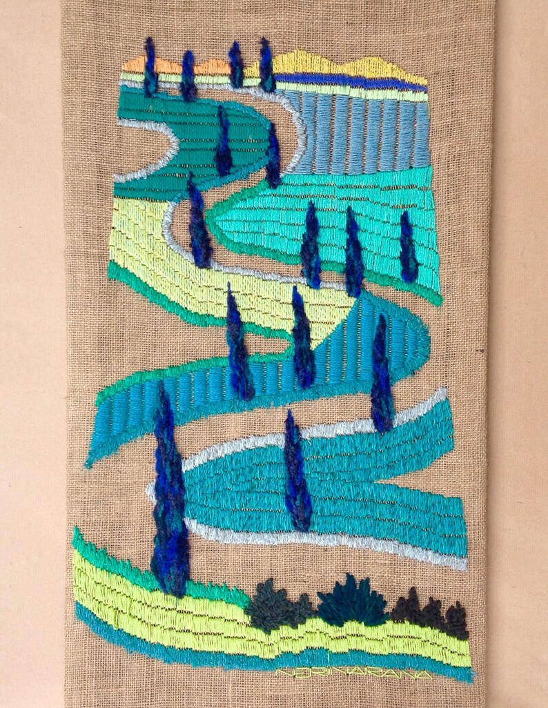 OOAK Wall Hanging Green Tuscany road, Tapestry handmade embroidery, Fiber wall hangings Art, Landscape Modern art, Wall decor, Gift new home image 9