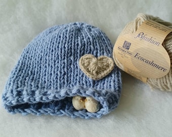 Newborn hat in eco cashmere, Eco friendly baby hat, Knit beanie hat, Newborn hospital hat, Gift for New baby, Baby heart hat photo props