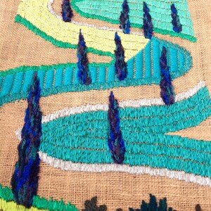 OOAK Wall Hanging Green Tuscany road, Tapestry handmade embroidery, Fiber wall hangings Art, Landscape Modern art, Wall decor, Gift new home image 8