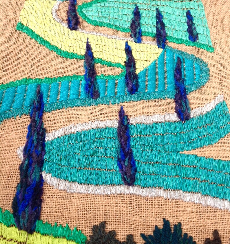 OOAK Wall Hanging Green Tuscany road, Tapestry handmade embroidery, Fiber wall hangings Art, Landscape Modern art, Wall decor, Gift new home image 8