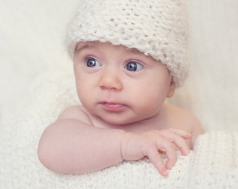 Knit baby hat, white girl newborn hat, baby beanie infant hat with paillettes, Precious wool baby hat by nerina52 photo prop, gift for baby