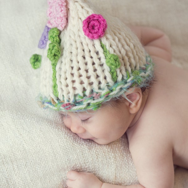 Baby girl hat with flower, newborn beanie hat photo prop by nerina52 waiting for spring, New baby gift, Knit baby flower hat, Baptism gift