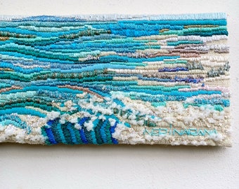 OOAK Handmade tapestry embroidery sea, fiber art home decor, blue textile wall art, handmade embroidery modern art, home wall decor gift