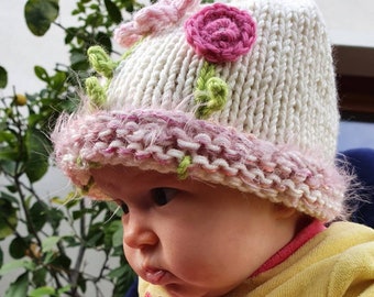 Newborn girl flower hat, Waiting for spring Girl beanie hat in merino wool by nerina52, New baby gift, Knit baby flower beanie hat, Baptism