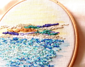 Sea Hoop Art, Handmade embroidered tapestry, Blue Miniature Hoop art sea beach, Wall tapestries, Wall decor, Landscape sea, Gift new home