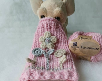 Knit chihuahua sweater in eco cashmere with flowers crochet, Pink dog coat, Eco friendly Puppy sweater in Eco Cashmere, gift for pets lover