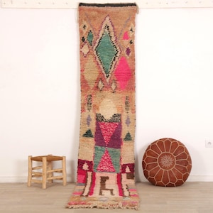 May include: A long, narrow runner rug featuring a tan base with geometric patterns in teal, hot pink, purple, and black. The design includes diamond shapes and abstract motifs arranged vertically along the length of the woven textile.