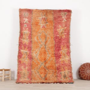 Orange Vintage Boujaad Rug: Pink 5 x 8 FT Handmade Moroccan Wool Carpet