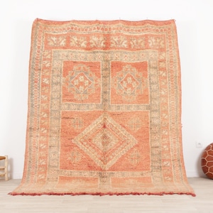Vintage Orange Moroccan Rug 6.8x8.8 ft - Handwoven Berber Wool Rug