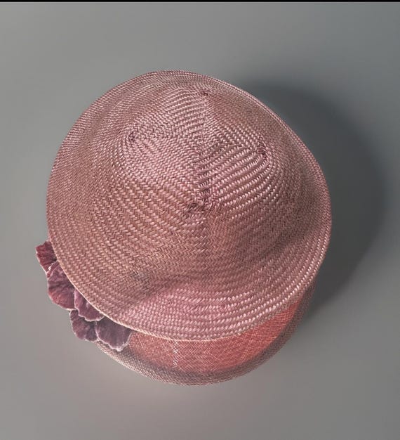 Antique Sculpted Straw Hat | Velvet Flower Trim | Signed  display picture 1